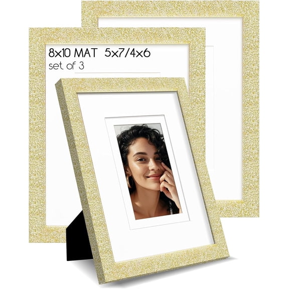 8x10 Gold Glitter Picture Frame Set of 3, Decorative Sparkling Photo Frame with 5x7/4x6 Mat for Tabletop or Wall Display, Poster Frame with Solid Wood and Real Glass, Scandinavian Style Home Decor