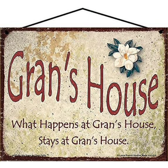 8x10 Gran's House Sign with Magnolia Flower What Happens at Gran's House Stays at Gran's House Vintage Style Decorative Household Family Home Décor Grandma Nickname Gift Signs for any Grandmother