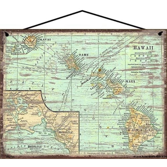 8x10 Hawaii Map Sign - Image of a Vintage Map of the Hawaiian Islands Maui Oahu Honolulu Kauai Pacific Ocean - Decorative Household Family Home Décor Wall Art