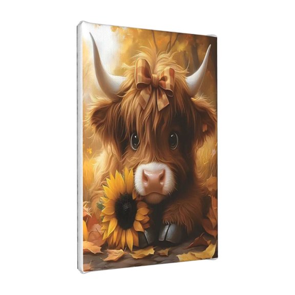 8x10 Inch Framed Canvas Wall Art, Cute Fall Highland Cow with Sunflower & Plaid Bow Print, Farmhouse Autumn Decor, Ready to Hang Canvas Painting, Western Cow Wall Decor Gift