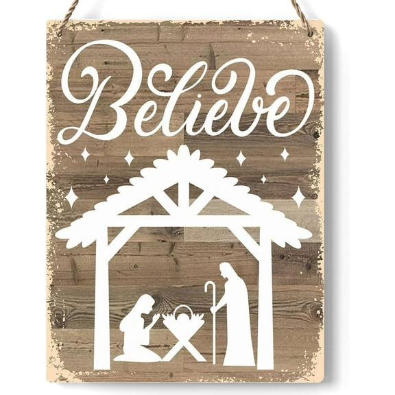 8x10 Inch Rustic Christmas Sign Jesus Believe Decorations Wood Sign Winter Decoration Wooden Signs Rustic Hanging Plaque Home Wall Art Sign Wall Decor For Farmhouse Home Kitchen