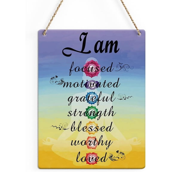 8x10 Inch Rustic Inspirational Quote Yoga Zen Wood Decor Sign, Colorful I Am Focused Motivated Printed Wood Sign Wall Art, Hanging Door Sign, Decorative Wood Sign Home Yoga Office Decor