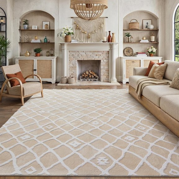 8x10 Ivory Area Rug for Living Room Clearance Washable Moroccan Rug Non Slip Soft Bedroom Neutral Shag Checkered Carpet Boho Modern Plush Pile Dining Room Office Playroom Nursery