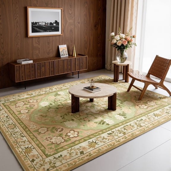 Toyoso 8x10 Ornate Medallion Rug - Tea Green & Gold Traditional Bordered Area Carpet, 0.25" Slim Machine Washable Non-Slip Floor Carpet for Dining Room & Large Space, Pet Friendly Rug