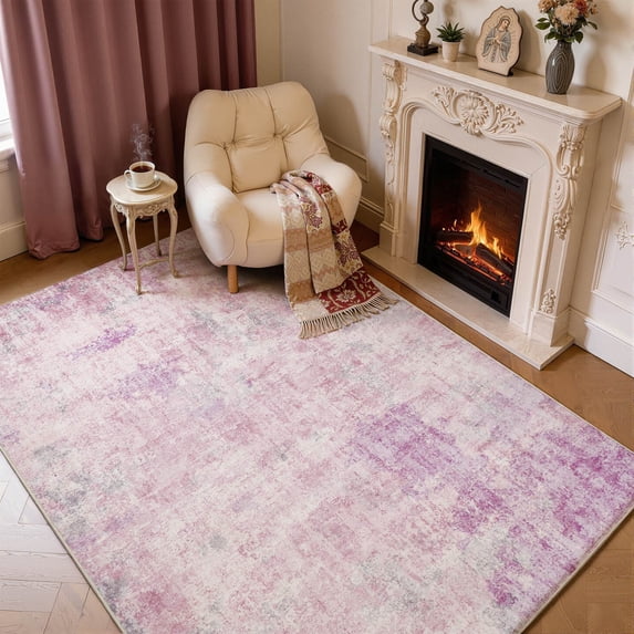 Toyoso 8x10 Area Rug - Large Modern Abstract Silicone Carpet, Lavender & Rose Watercolor Design, Washable Non-Slip Rug, Low Pile Durable Floor Cover for Large Living Room, Office