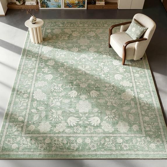Toyoso 8'x10' Fresh Botanical Floral Rug, Large Traditional Bordered Light Sage Silicone Area Carpet, 0.25" Low Pile Machine Washable Non-Slip Floor Carpet for Dining Room & Living Room Space