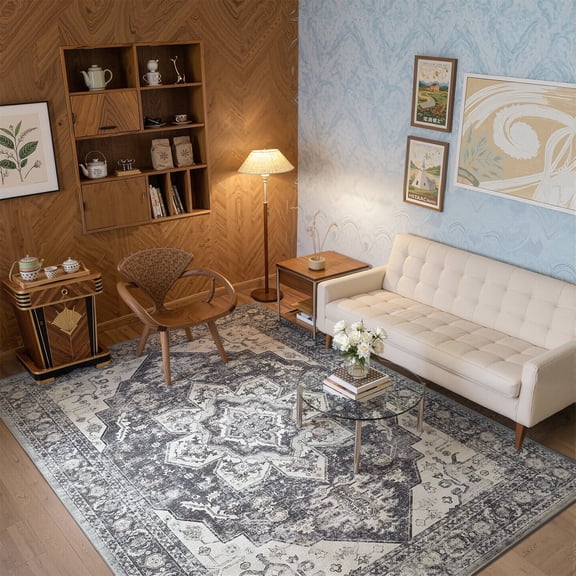 Toyoso 8x10 Large Persian Carpet - Vintage Charcoal & Slate Rug, 0.25" Low Pile Machine Washable Non-Slip Floor Cover for Dining Room, Pet Friendly Durable Artistic Indoor Rug