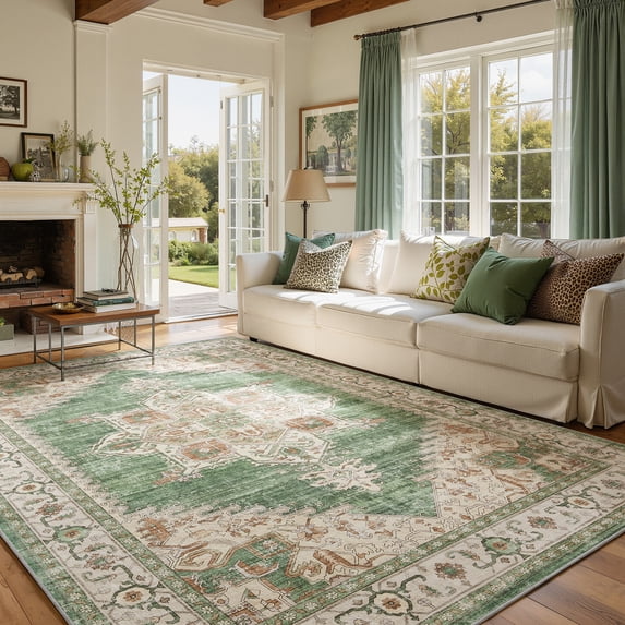 Toyoso 8x10 Large Medallion Area Rug - Emerald Green & Copper Silicone Rug, Traditional Distressed Oriental Washable Non-Slip Floor Carpet, 0.25" Durable Indoor Rug for Dining Room and Large Suite