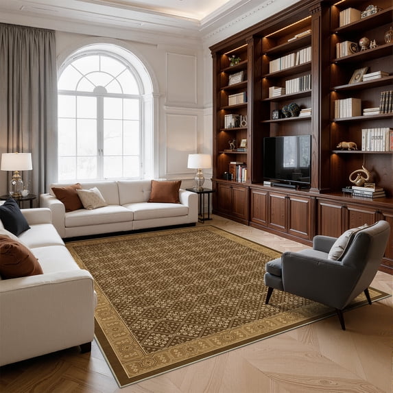 Toyoso 8'x10' Large Traditional Area Rug, Dark Coffee Brown Floral Diamond Silicone Carpet, 0.25" Durable Machine Washable Non-Slip Floor Cover, High-Traffic Decorative Rug for Dining Room