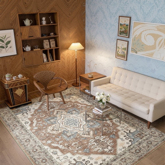 Toyoso 8x10 Large Vintage Persian Rug - Distressed Antique Rust & Grey Carpet, 0.25" Low Pile Machine Washable Non-Slip Indoor Rug, Stain Resistant Durable Carpet for Dining Room Space