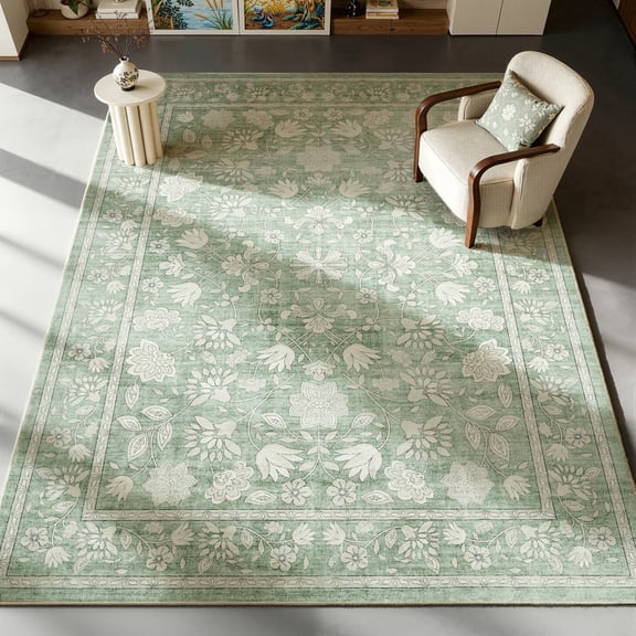 Toyoso 8x10 Fresh Botanical Floral Rug, Large Traditional Bordered Light Sage Area Carpet, 0.25" Low Pile Machine Washable Non-Slip Floor Carpet for Dining Room & Living Room Space