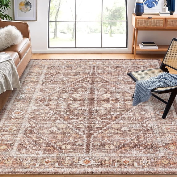 8x10 Large Bedroom Rug for Living Room Traditional Oriental Print Stain Resistant Non-Shedding Washable Non-Slip Carpet for Office/Kitchen (Beige)