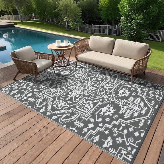 8x10 Large Outdoor Rug for Rugs Waterproof, Reversible Plastic Straw Rug Medallion Pattern, Vintage Camping Rug, Foldable Lightweight Carpet for RV, Porch, Deck, Backyard, Balcony (Grey)