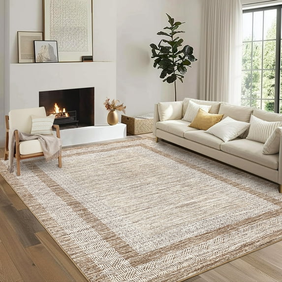 8x10 Large Washable Area Rug Modern Bordered Rug Distressed Geometric Floor Carpet, Soft Non Slip Rug, Low Pile Non Shedding Rug, Indoor Brown Rug for Bedroom, Living Room