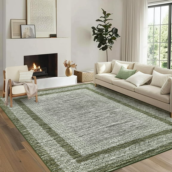 8x10 Large Washable Area Rug Modern Bordered Rug Distressed Geometric Floor Carpet, Soft Non Slip Rug, Low Pile Non Shedding Rug, Indoor Green Rug for Bedroom, Living Room