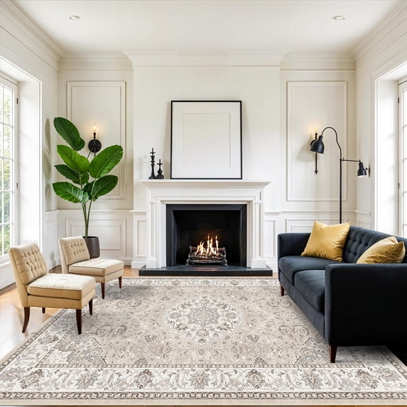 8x10 Living Room Rug For Family- Washable Oriental Stain Resistant Rugs Bedroom Non Slip Ultra Soft Carpet Dining Medallion Farmhouse Home Decor Floor Decoration Mat (8x10 Beige)