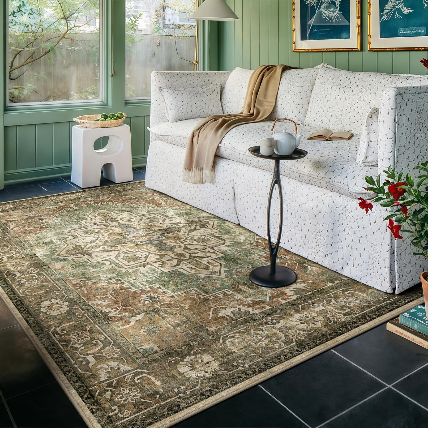 8x10 Machine Washable Area Rug for Living Room, Brown White Vintage ...