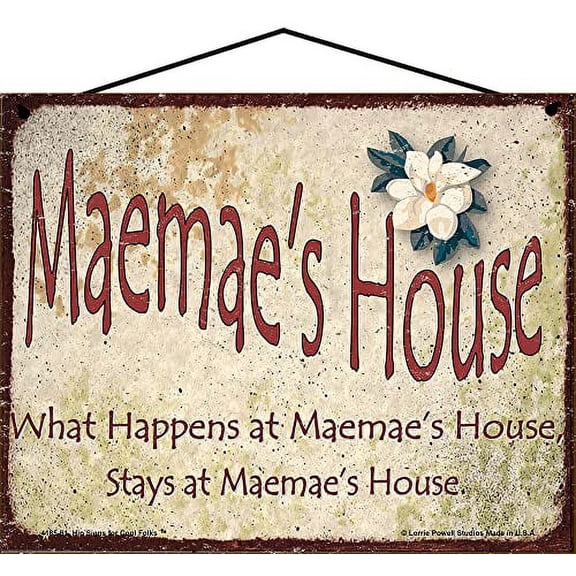 8x10 Maemae's House Sign with Magnolia Flower What Happens at Maemae's House Stays Vintage Style Decorative Household Family Home Décor Grandma Nickname Gift Signs for any Grandmother