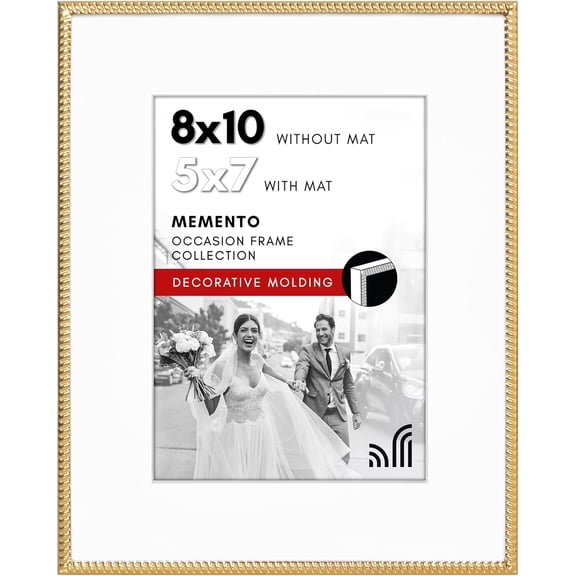 8x10 Metal Picture Frame With Rope-Style Detailing and Shatter-Resistant Glass - Use as 5x7 Frame with Mat or Display 8x10 Photo Without Mat - Picture Frames for Tabletop or Wall - Gold