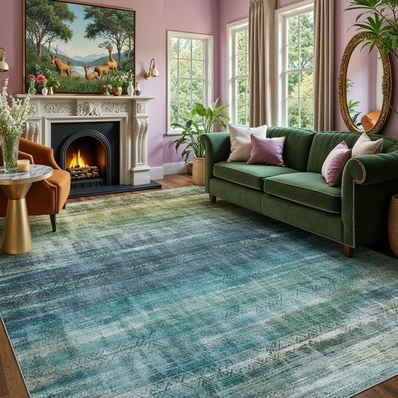 8x10 Modern Abstract Rugs Washable Non-Slip Ombre for Living Room Bedroom Study Room-Teal
