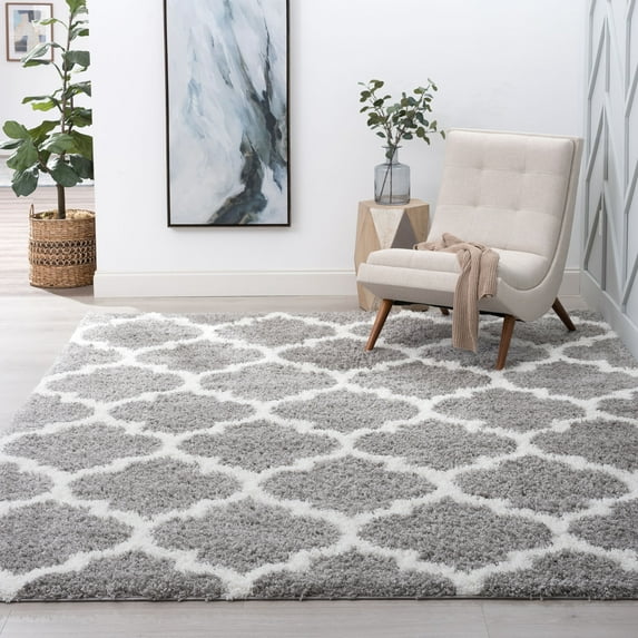 Bliss Rug Modern Damask Indoor Shag Rug for Living Room, Bedroom, Kids Room |Gray/White, 8' x 10' (7'10''x10'2'')