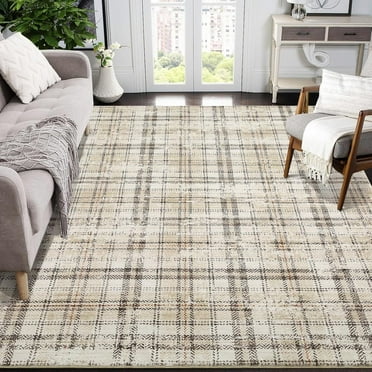 8x10 Modern Washable Tartan Plaid Area Rug - Soft Non-Slip Carpet for Living Room and Bedroom, Beige