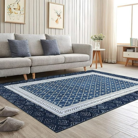 8x10 Navy Area Rug – Washable Non-Slip Soft Rug for Living Room and Bedroom