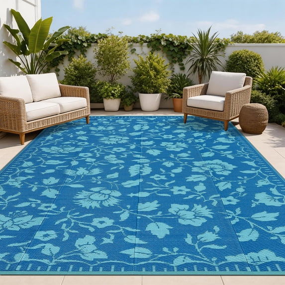 8x10 Navy&Turquoise Outdoor Rug Waterproof Reversible, Floral Plastic Straw Patio Rug, Foldable Outdoor Area Rug for RV Camping, Picnic, Beach, Balcony, Deck & Garden 8x10 Navy&Turquoise