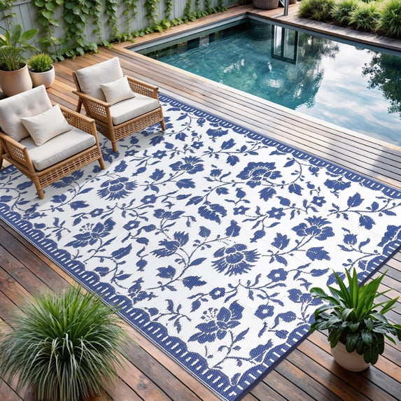 8x10 Navy&White Outdoor Rug Waterproof Reversible, Floral Plastic Straw Patio Rug, Foldable Outdoor Area Rug for RV Camping, Picnic, Beach, Balcony, Deck & Garden 8x10 Navy&White