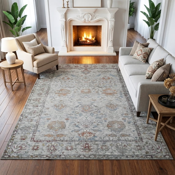 8x10 Neutral Floral Rugs, Vintage Style Washable Area Rug, Non Slip Soft Low Pile Rug for Living Room Farmhouse Nursery