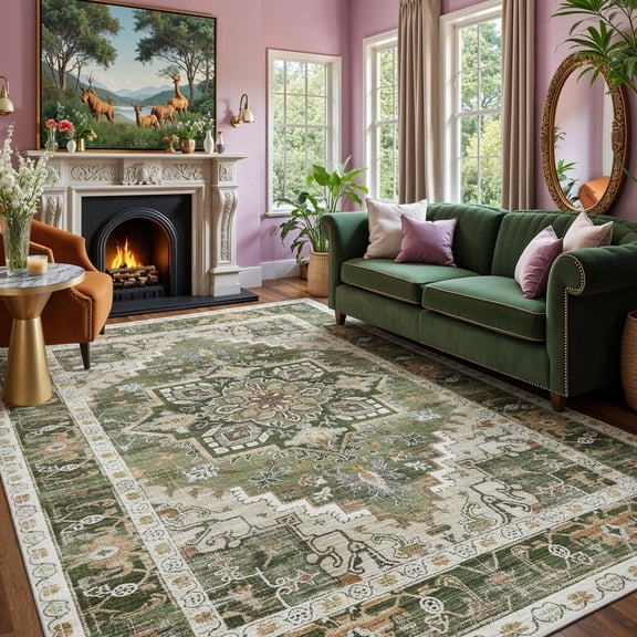 Kokia 8'x10' Oriental Area Rug Living Room Washable Non Slip Boho Soft Rugs Bedroom Dining Room Decor-Green
