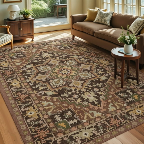8x10 Oriental Area Rug Living Room Washable Non Slip Boho Soft Rugs Bedroom Dining Room Decor-Walnut