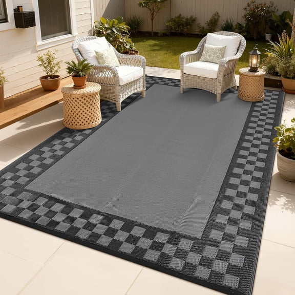 8x10 Outdoor Rug Modern Checkered Waterproof Stain Resistant Reversible Mat for Patio Deck Grey
