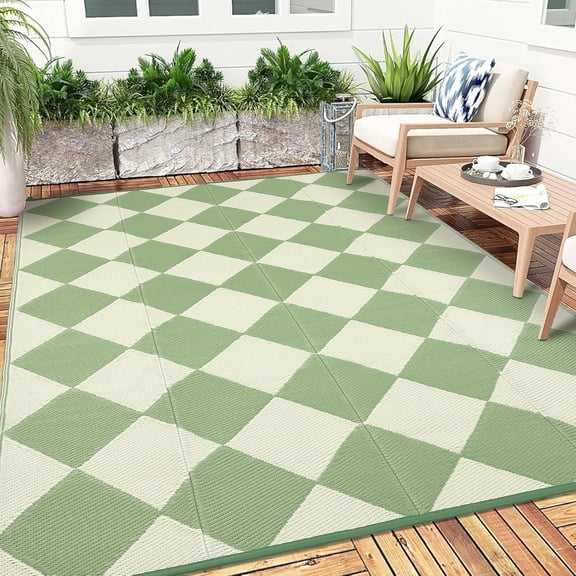 8x10 Outdoor Rug Waterproof Easy Clean Reversible Checkered Area Rug for Patio Porch Backyard Green