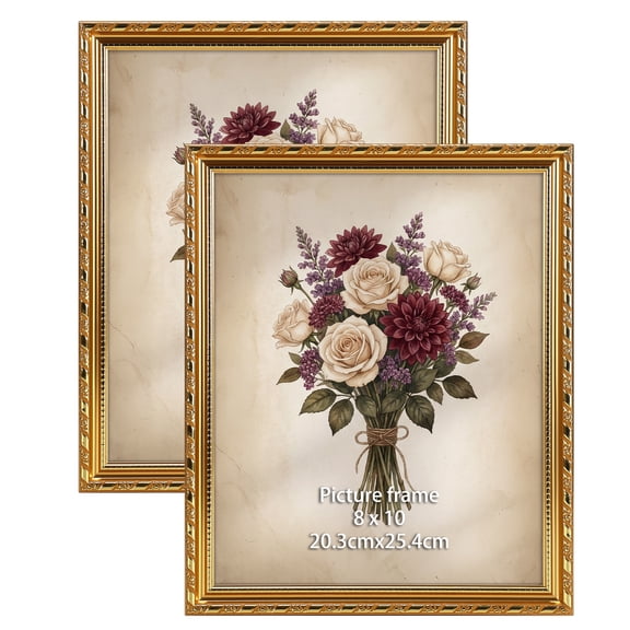 8x10 Picture Frame Antique Gold, Ornate Embossed Flower Photo Frame for Wall or Tabletop Display, 2 Pack