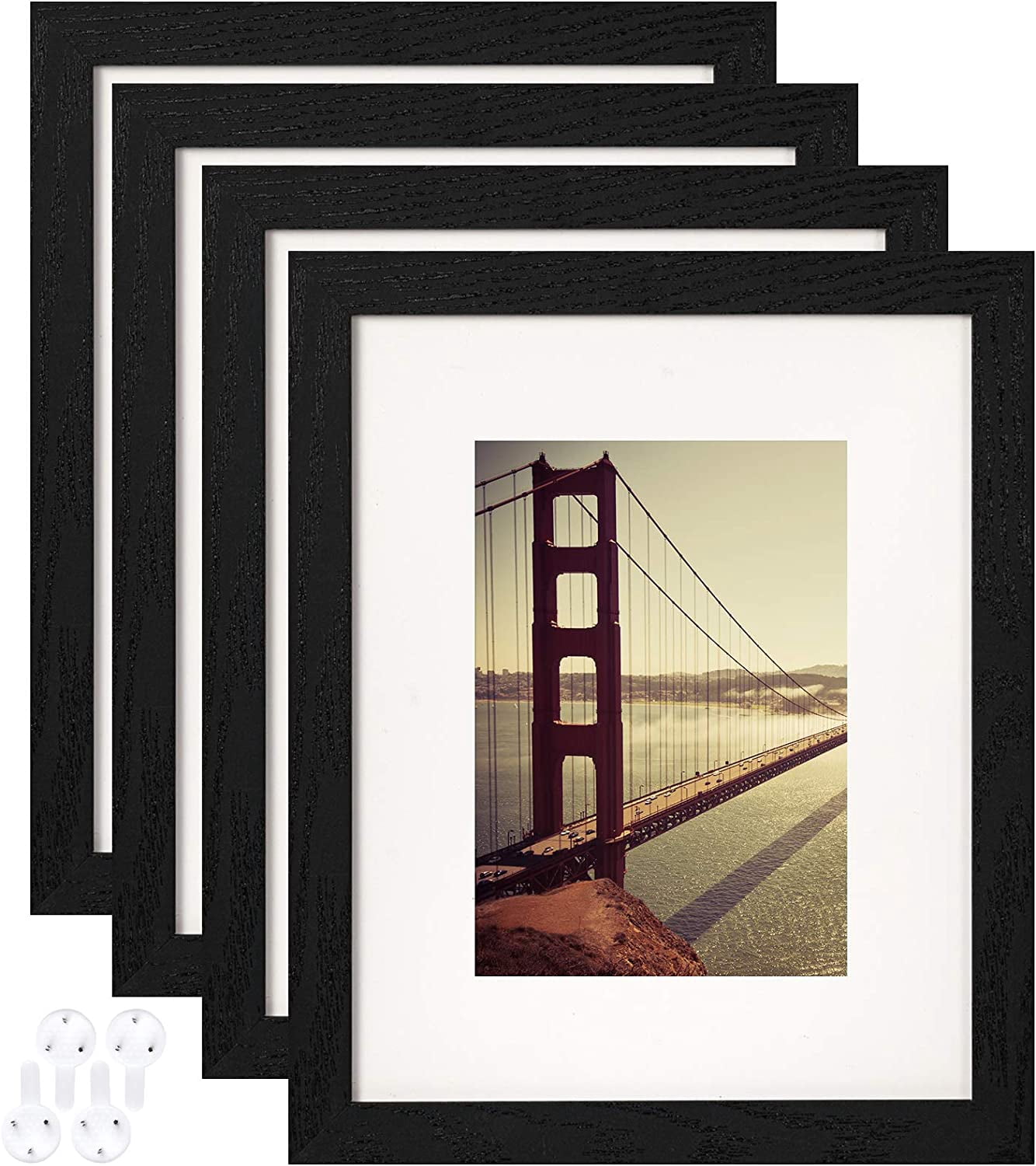 8x10 Picture Frame Black Wood Pattern Set of 4 with Tempered Glass ...