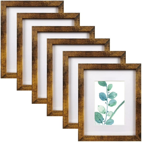 8x10 Picture Frame Brown Set of 6, Display Pictures 5x7 With mat or 8x10 Without Mat
