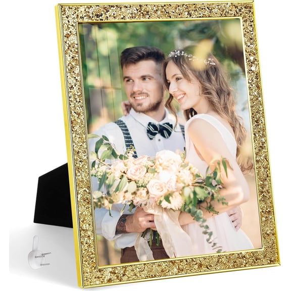8x10 Picture Frame Glitter, Gold Bling 8 by 10 Photo Frames with HD Real Glass, for Wall or Tabletop Display, Family Friends Wedding Mother's Day Gift (8 x 10, Gold)