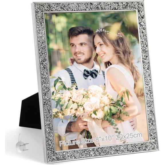 8x10 Picture Frame Glitter, Silver Bling 8 by 10 Photo Frames with HD Real Glass, for Wall or Tabletop Display, Family Friends Wedding Mother's Day Gift (8 x 10, Silver)