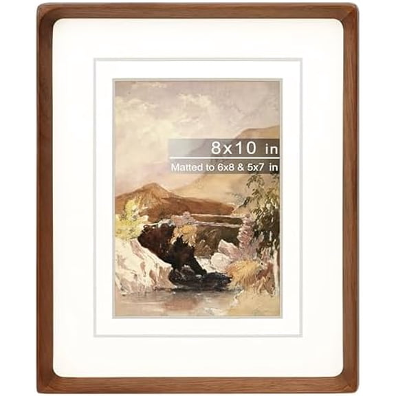 8x10 Picture Frame with Mat for 5x7/6x8, Natural Walnut Wood Handcrafted Rounded Corner with Real Glass, Vertical or Horizontal Display Photo Gallery Wall & Tabletop Frame