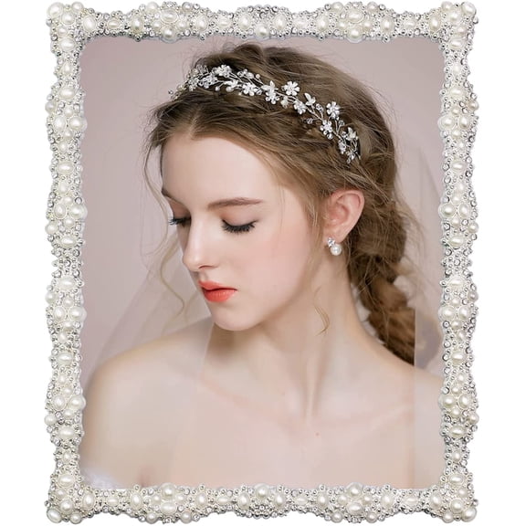 8x10 Picture Frame with Pearl for Wedding, Silver Plated with HD Acylic Finish Photo Frames with Rhinestones for Horizontal and Vertical Decor Tabletop Display