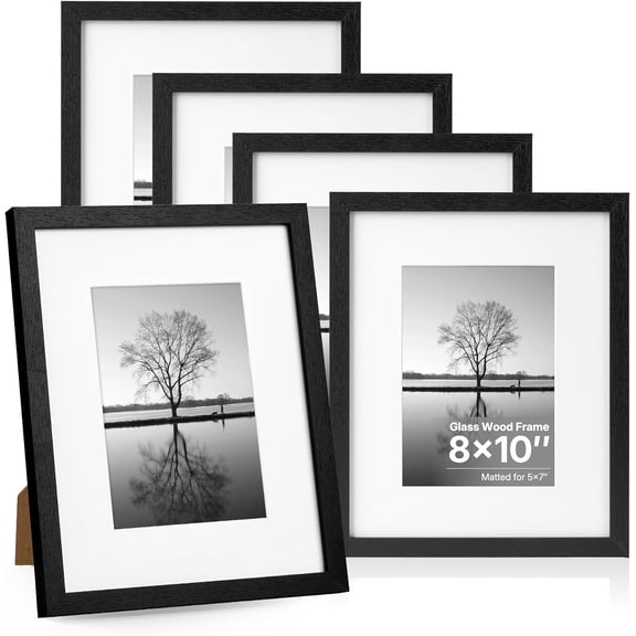 8x10 Picture Frame, Picture Frames 8x10 Wooden Picture Frames with Real Glass, Rustic 8 x 10 Photo Frame for Wall or Tabletop, Display Picture 5x7 with Mat or 8x 10 Without Mat (5 Black)