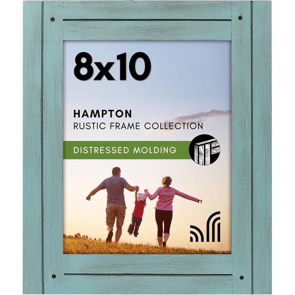 8x10 Picture Frame with Polished, Crystal Clear Glass - Hampton Collection - Distressed Wood Picture Frames for Tabletop and Wall Display - Turquoise Blue