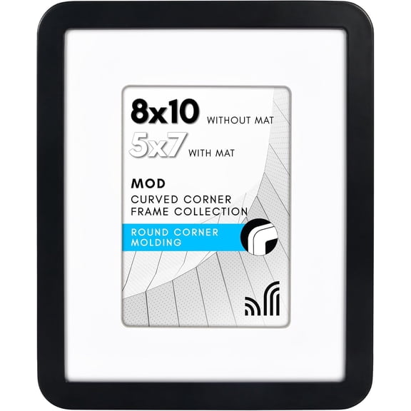 8x10 Picture Frame with Round Corner Molding - Use as 5x7 Frame with Mat or 8x10 Frame Without Mat - Mod Collection - Black Photo Frame with Shatter-Resistant Glass for Tabletop and Wall