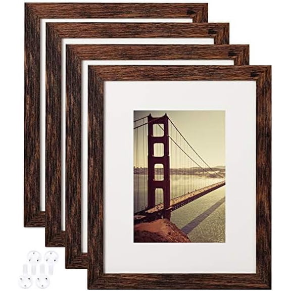 8x10 Picture Frame Rustic Brown Wood Pattern Set of 4 with Tempered Glass,Display Photos 5x7 with Mat or 8x10 Without Mat, Horizontal and Vertical Formats for Wall and Table Mounting