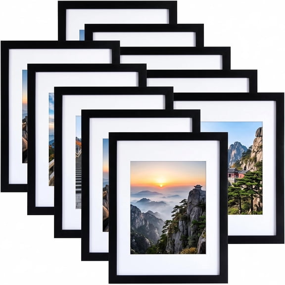 8x10 Picture Frame Set, 10 Pack Wall Mount or Tabletop Photo Frames, Display 5x7 Pictures with Mat or 8x10 Prints without Mat, Ideal for Family Portraits, Gallery Walls, Office Decor, Black