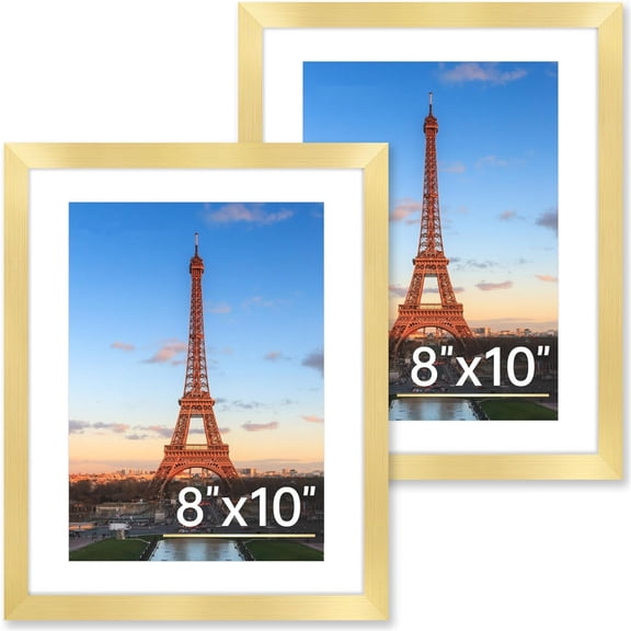 8x10 Picture Frame Set of 2, Gold Picture Frames Collage for Tabletop or Wall Display, Photo Frame with HD Plexiglass, Display Pictures 5x7 with Mat or 8x10 Without Mat