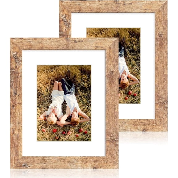 8x10 Picture Frame Set of 2, High Definition Real Glass Rustic Brown Frame, Display Pictures 5x7 with Mat or 8 x 10 without Mat for Tabletop or Wall Mounting