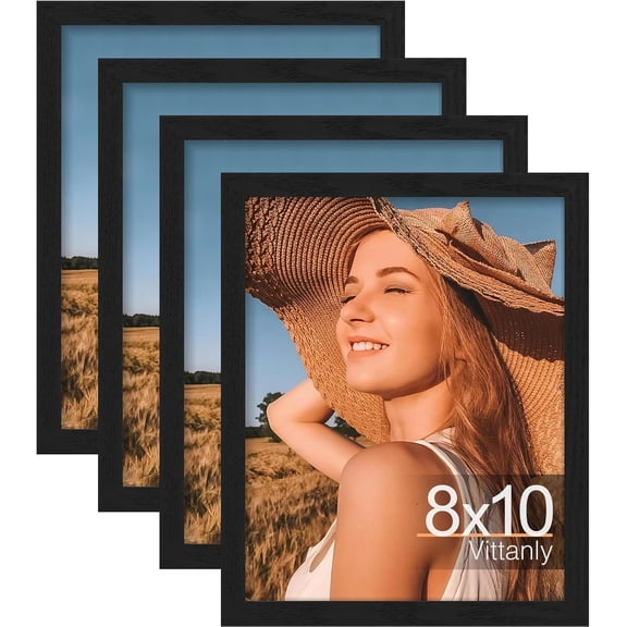 8x10 Picture Frame Set of 4, Display Pictures 5x7 with Mat or 8x10 without Mat, Engineered Wood with Shatter Resistant Plexiglass, Wall Gallery Photo Frames for Wall or Tabletop, Black