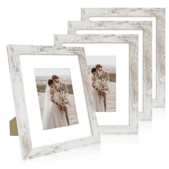8x10 Picture Frame Set of 4, Made of Real Glass and Distressed White Wooden Frame, 8 by 10 Photo for Wall or Tabletop - Display Picture 5x7 with Mat or 8x10 Without Mat